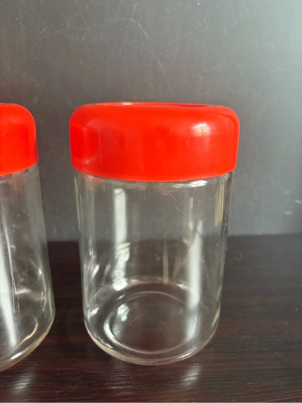 Massimo Vignelli Set of 2 Vintage Orange Glass Canisters.